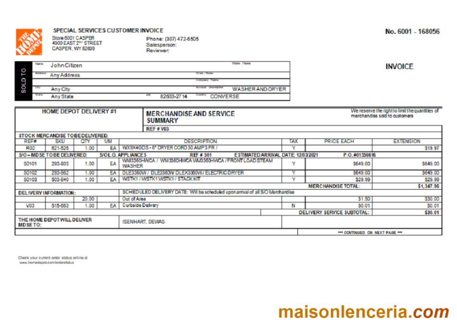 USA the Home Depot tekst faktury i szablon PDF